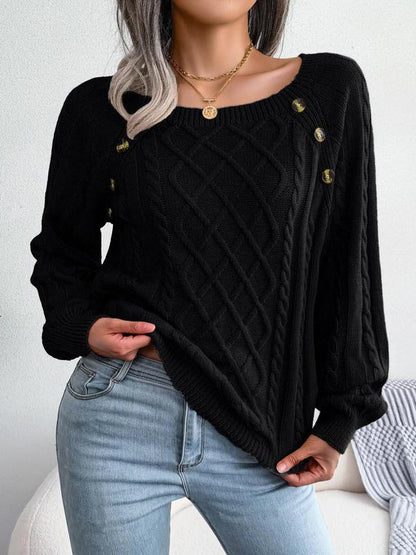 Women's Solid Textured Fake Buttons Raglan Sleeve Sweater