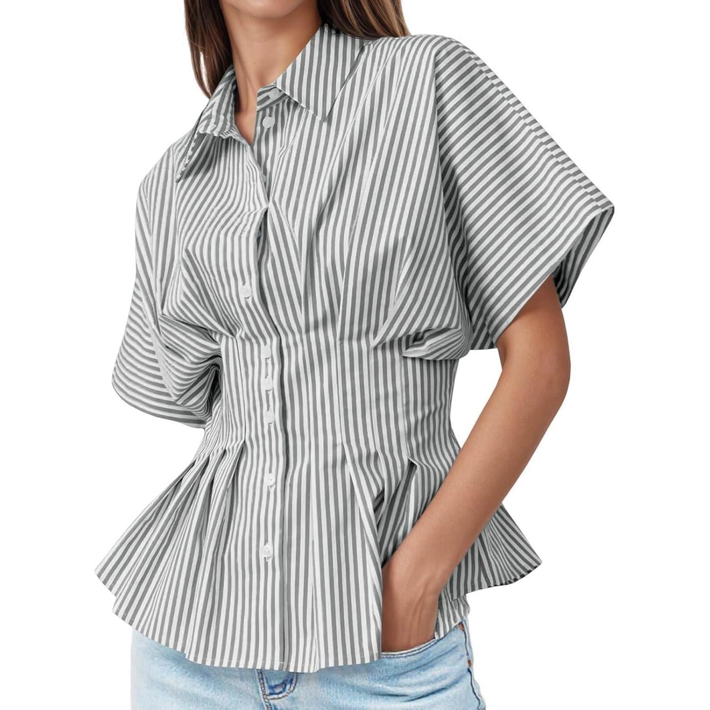 Women's Striped Peplum Button-Down Blouse