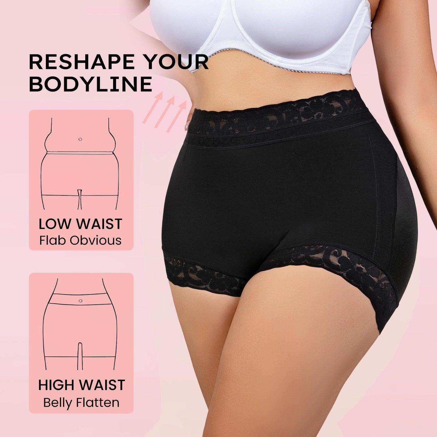 High Waist Tummy Control Shapewear Shorts with Lace & Anti-Slip Band