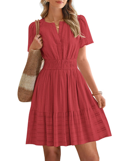 Women's Lightweight Short Sleeve V Neck Elastic Waist Mini Dress