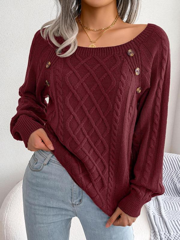 Women's Solid Textured Fake Buttons Raglan Sleeve Sweater