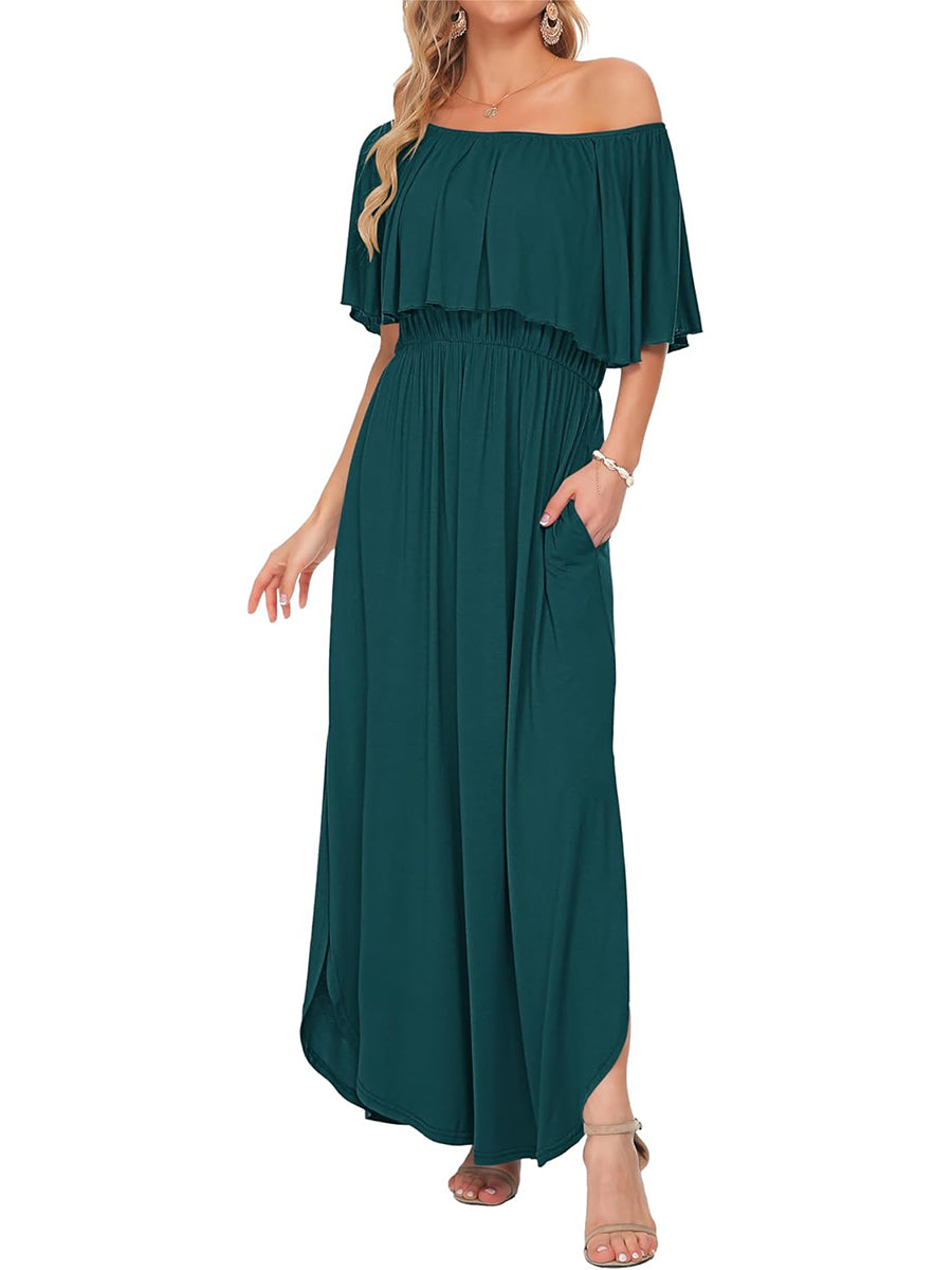 Women's Off-Shoulder Floral Maxi Dress with Pockets & Side Slit