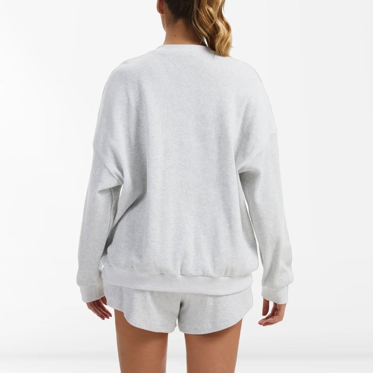 Women's Oversized Waffle Knit Lounge Set - Henley Sweatshirt & High Waisted Shorts
