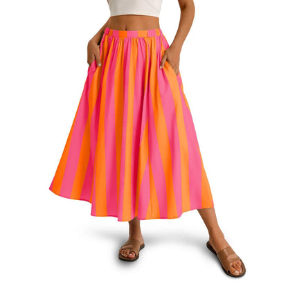 Women's Striped Elastic Waist A-Line Maxi Skirt