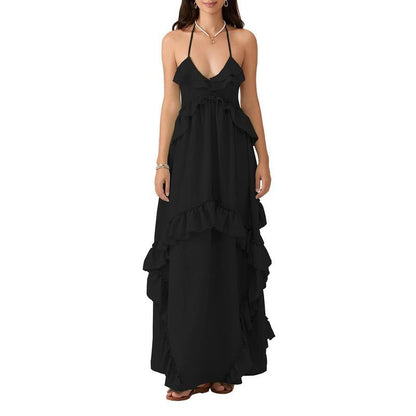 Women Sleeveless Halter Dress Backless Ruffled Summer Swing Dress