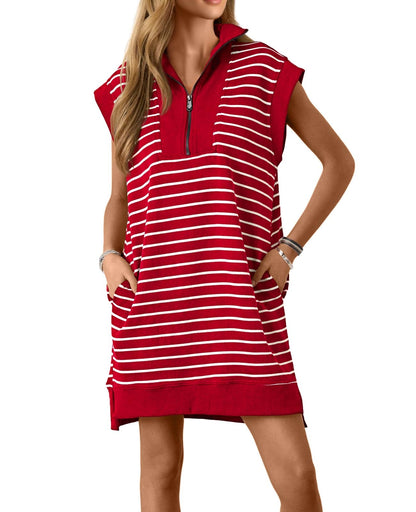 Women's Striped Casual Zipper Cap Sleeve Mini Dress