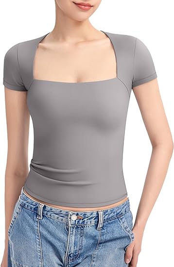 HOT SALE🔥 2024 Women's Square Neck Slim Fit Short Sleeve T-Shirt (BUY 2 FREE SHIPPING)