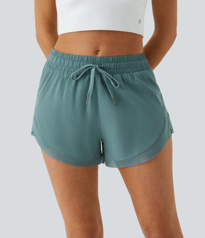 Women Mid Rise Drawstring Contrast Mesh 2-in-1 Flowy Running Shorts 3''
