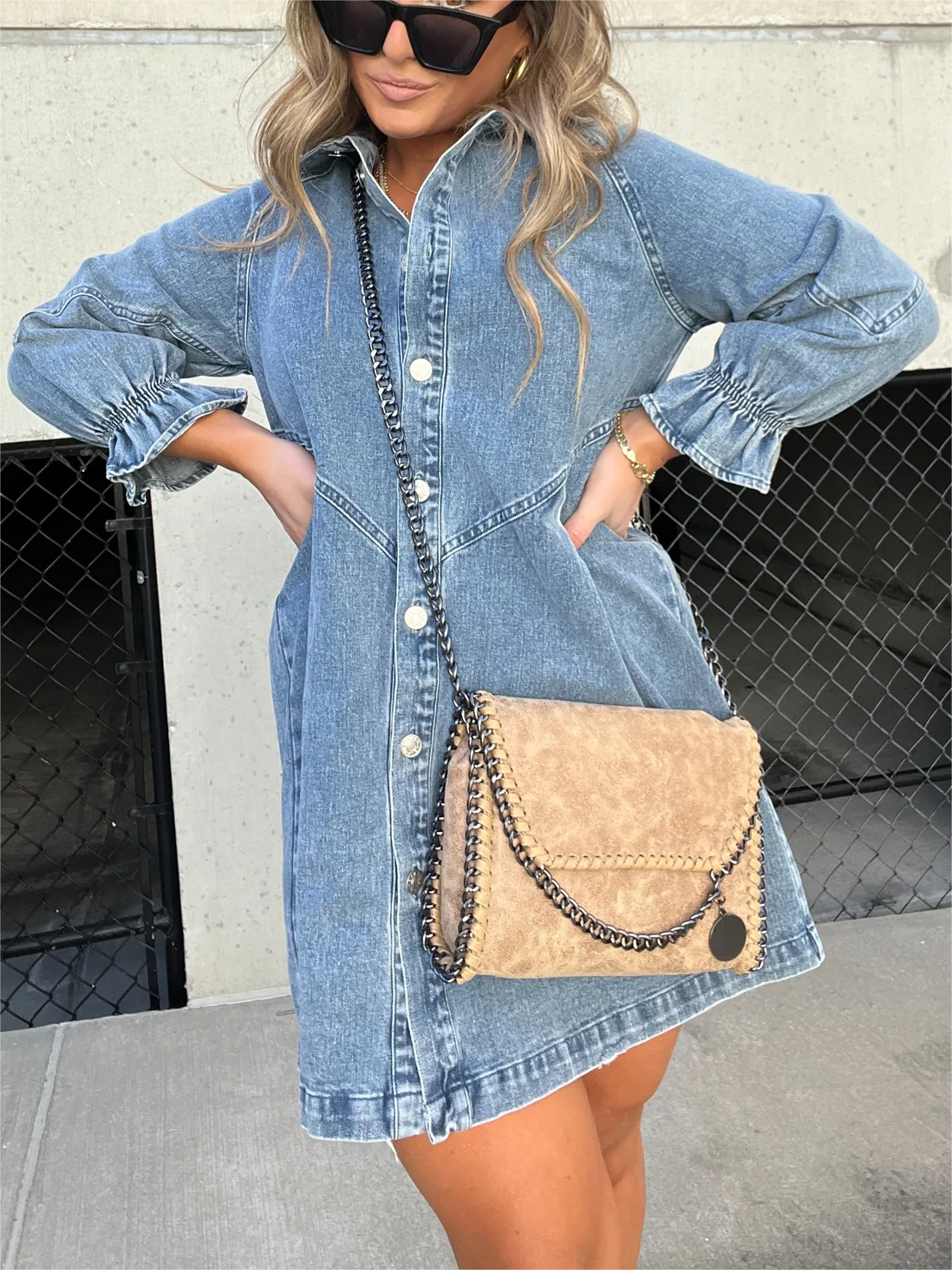 Washed Denim Puff Sleeve Dress (Buy 2 Free Shipping)