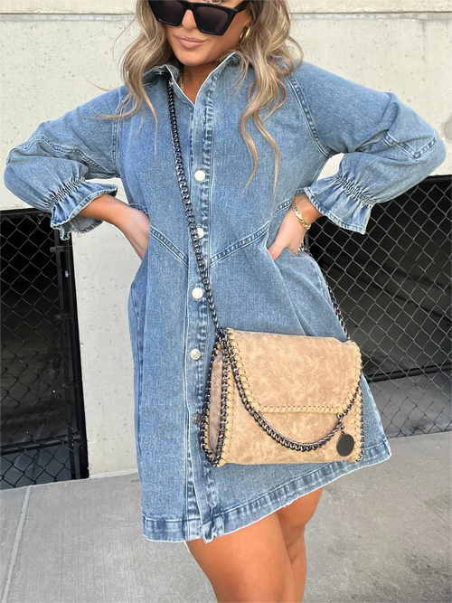 Washed Denim Puff Sleeve Dress (Buy 2 Free Shipping)