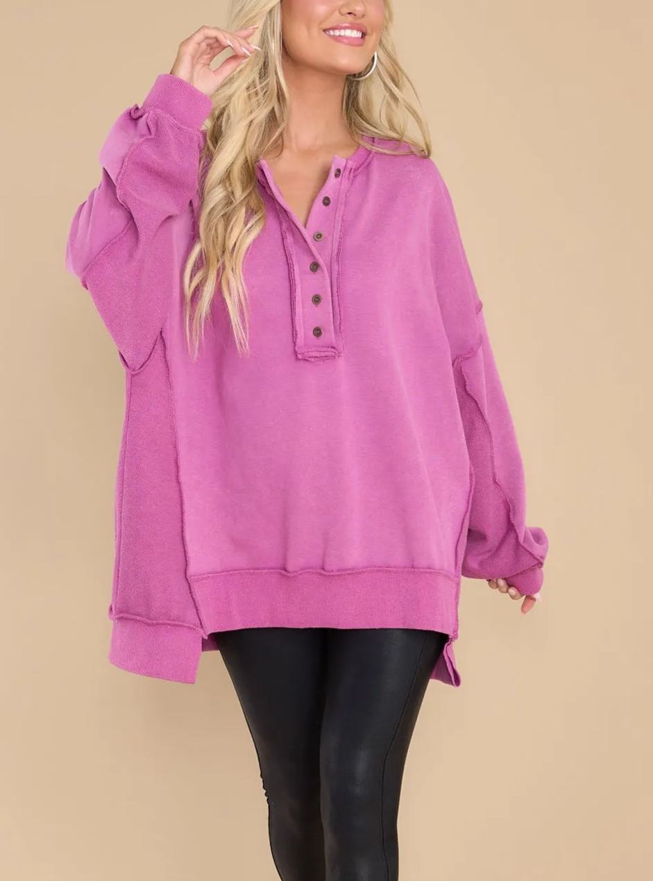 Limited time sale🔥Women's Oversized Henley Casual Buttoned Sweatshirt