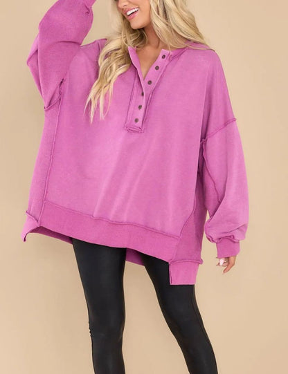 Limited time sale🔥Women's Oversized Henley Casual Buttoned Sweatshirt