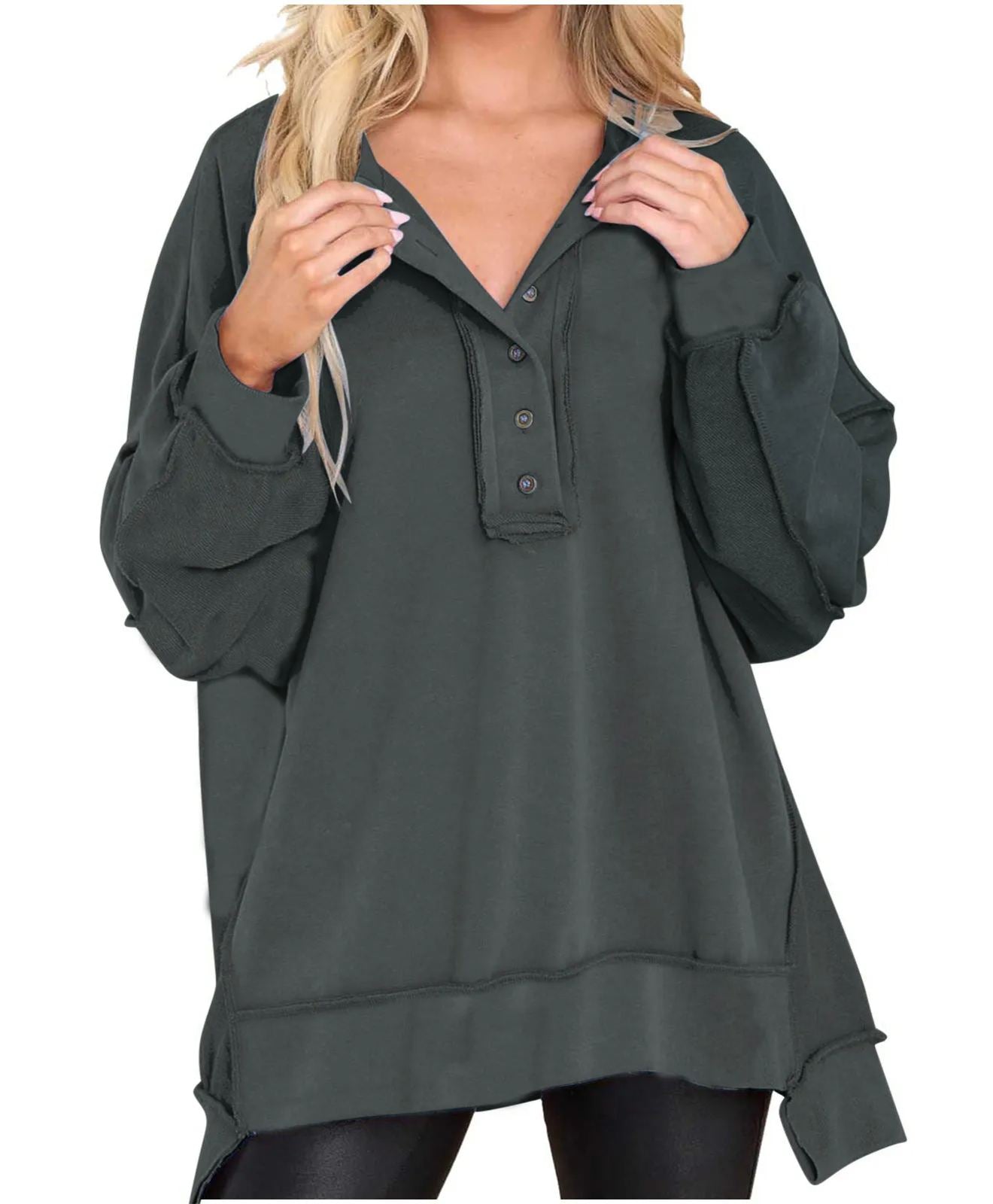 Limited time sale🔥Women's Oversized Henley Casual Buttoned Sweatshirt