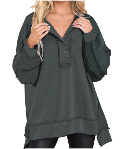 Limited time sale🔥Women's Oversized Henley Casual Buttoned Sweatshirt