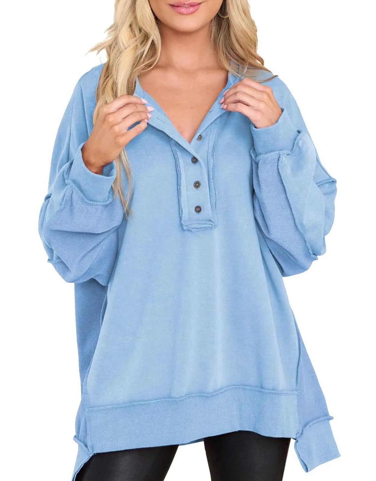Limited time sale🔥Women's Oversized Henley Casual Buttoned Sweatshirt