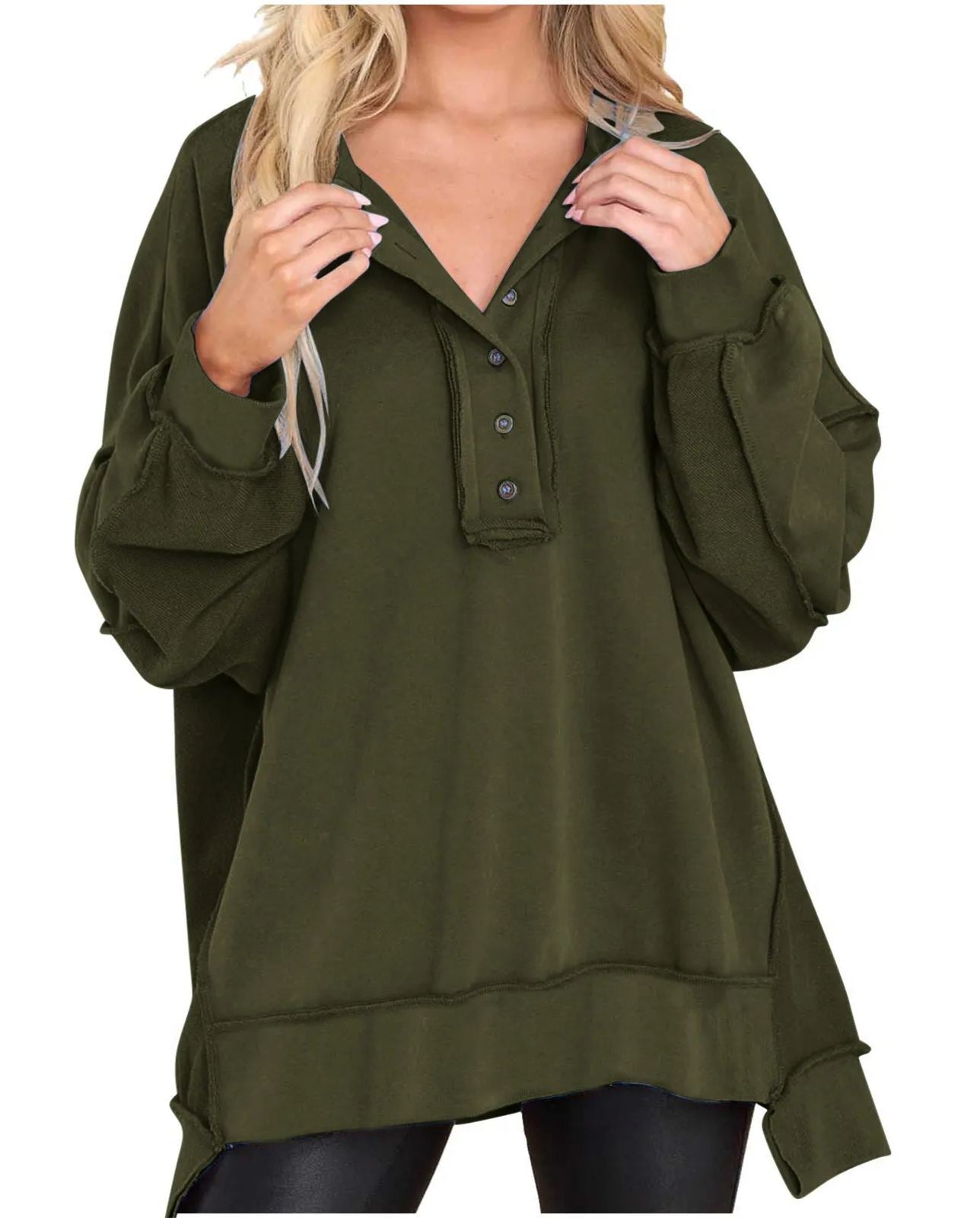 Limited time sale🔥Women's Oversized Henley Casual Buttoned Sweatshirt