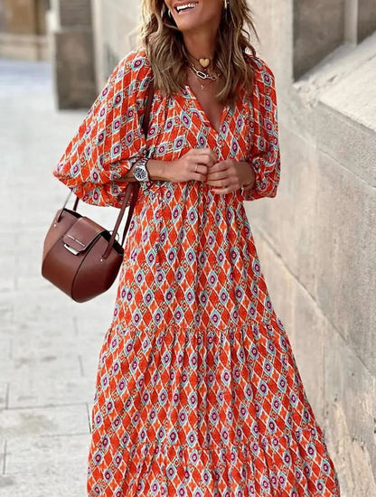SUMMER CHIC- Women's Puff Sleeve Floral Boho Maxi Dress (Buy 2 Free Shipping)