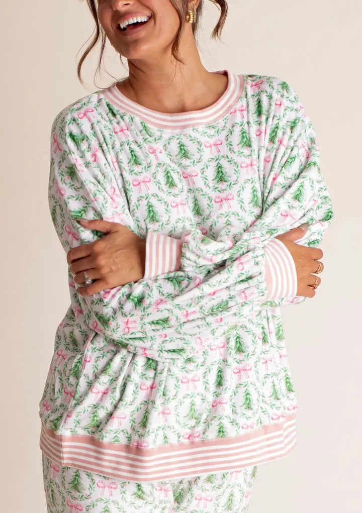 Christmas Tree Bow Satin Pajamas Set - Pink and Green