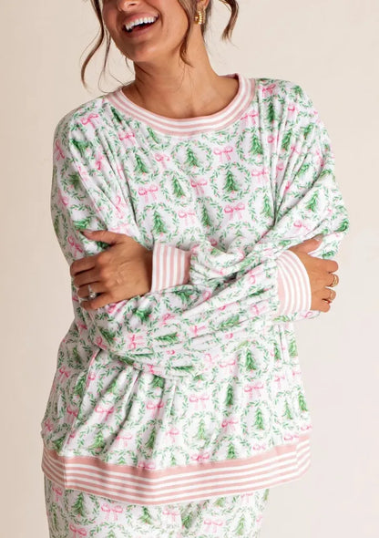 Christmas Tree Bow Satin Pajamas Set - Pink and Green