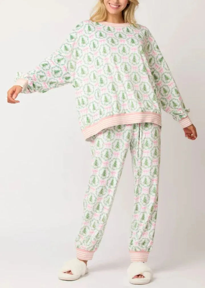 Christmas Tree Bow Satin Pajamas Set - Pink and Green