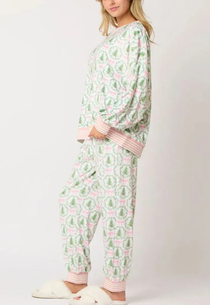 Christmas Tree Bow Satin Pajamas Set - Pink and Green