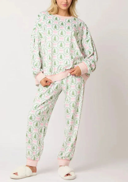 Christmas Tree Bow Satin Pajamas Set - Pink and Green