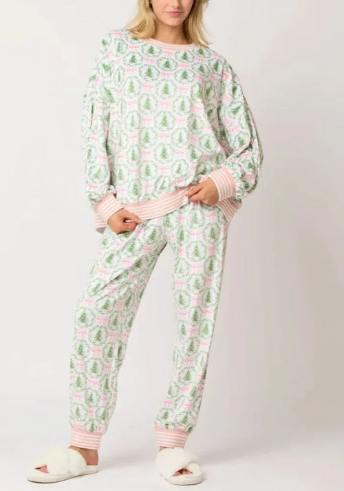 Christmas Tree Bow Satin Pajamas Set - Pink and Green