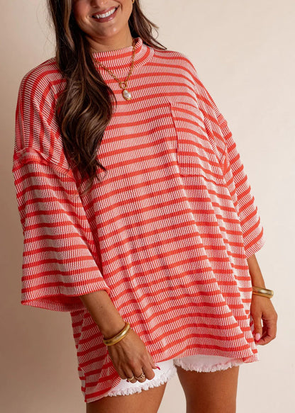 Women's 2025 Spring New Ribbed Striped Crew Neck Pocket Top