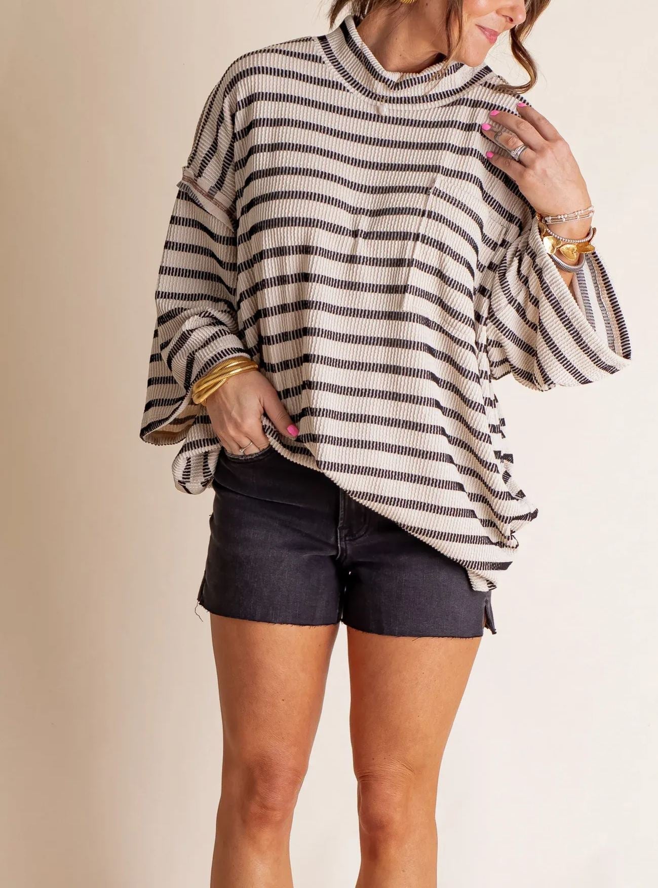 Women's 2025 Spring New Ribbed Striped Crew Neck Pocket Top