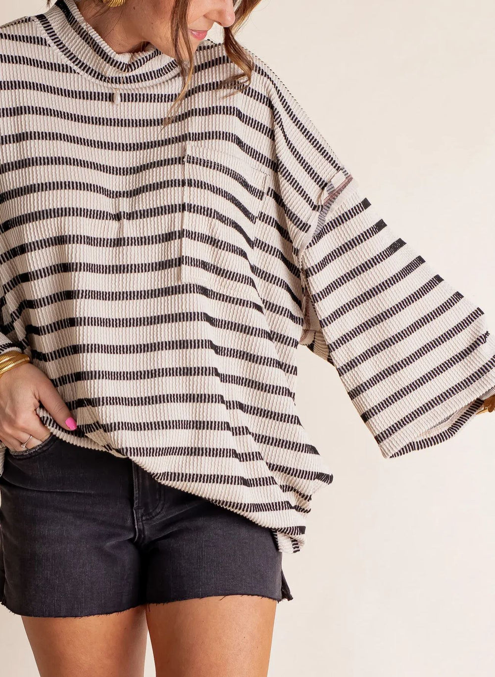 Women's 2025 Spring New Ribbed Striped Crew Neck Pocket Top