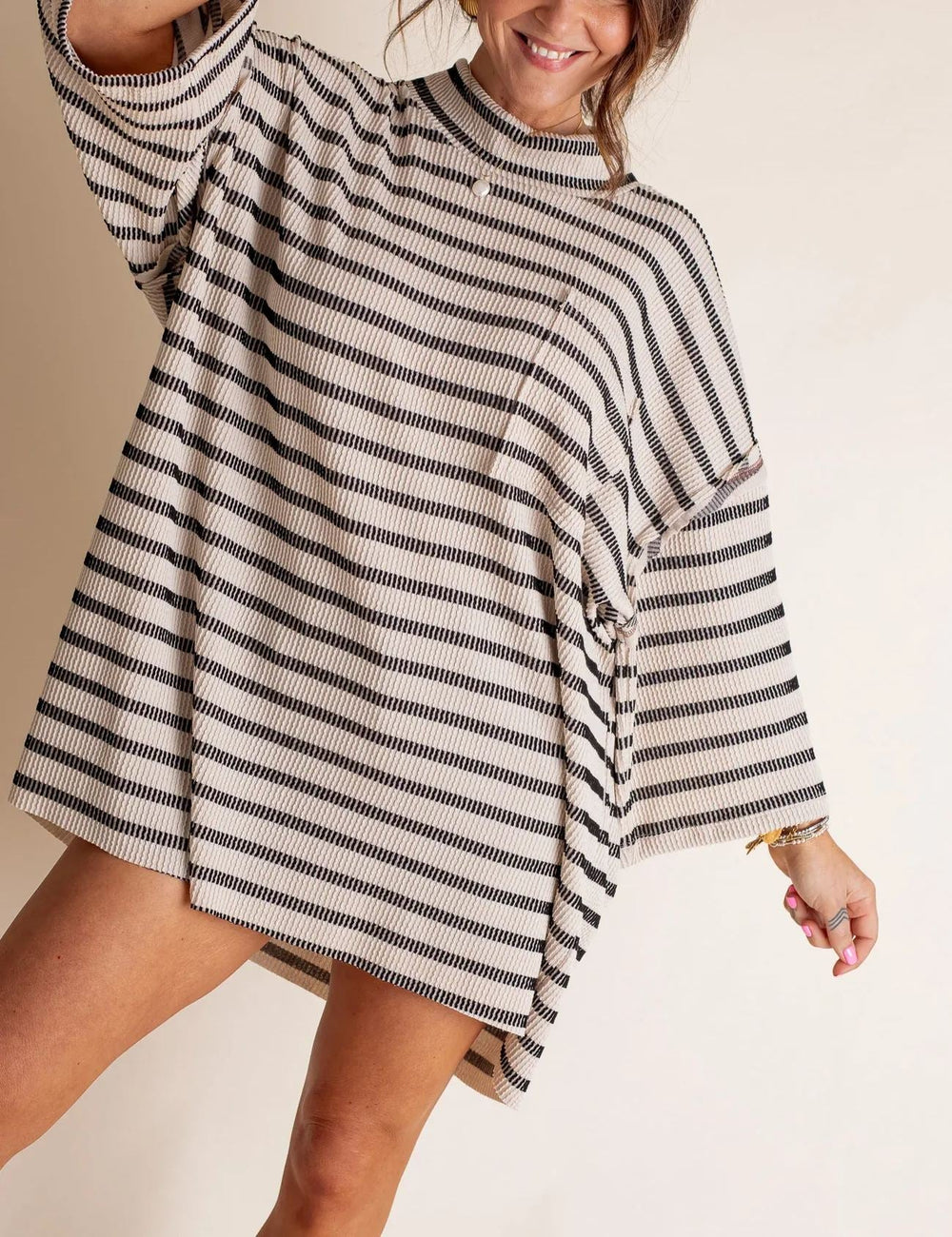 Women's 2025 Spring New Ribbed Striped Crew Neck Pocket Top