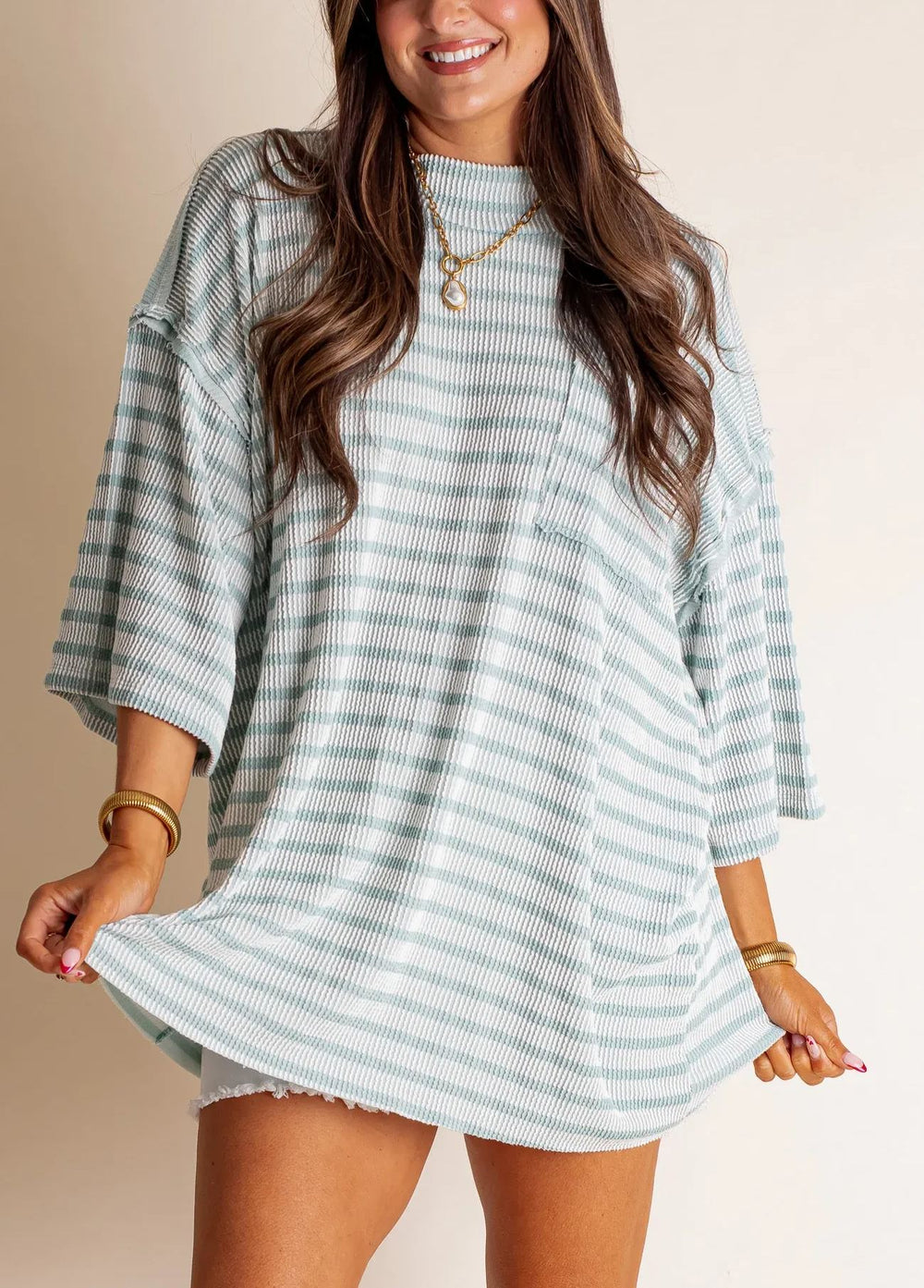 Women's 2025 Spring New Ribbed Striped Crew Neck Pocket Top
