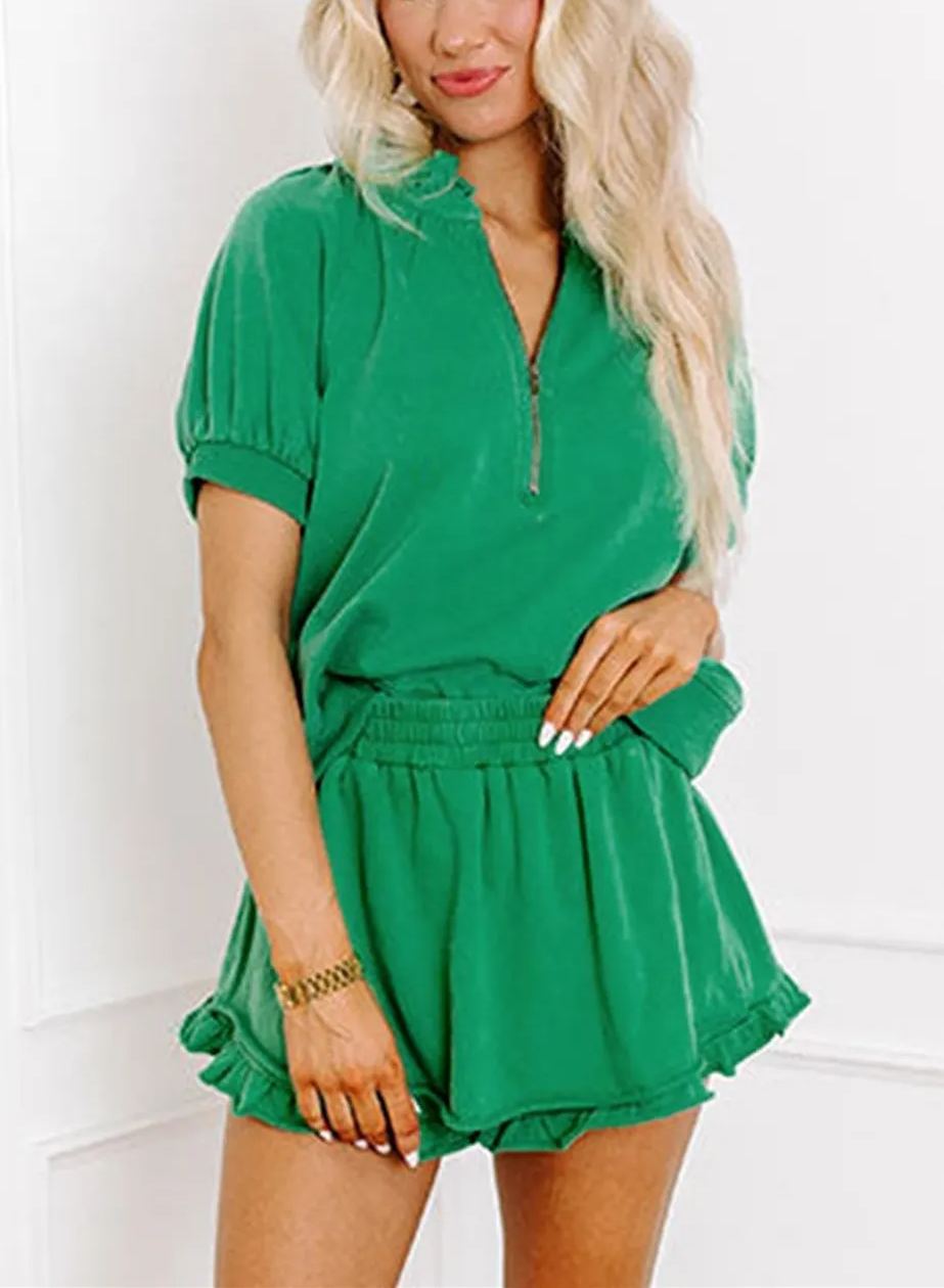 ✨Women's Casual Puff Sleeve Top and Ruffle Shorts Set