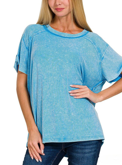 Washed Ribbed Short Sleeve Boat-Neck Top
