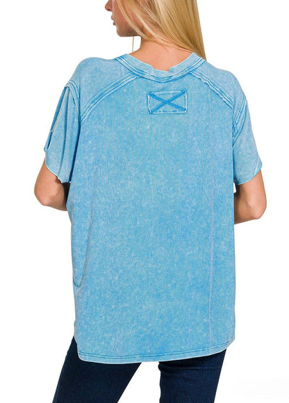 Washed Ribbed Short Sleeve Boat-Neck Top