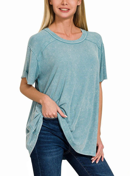 Washed Ribbed Short Sleeve Boat-Neck Top