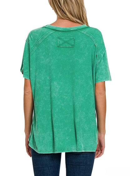Washed Ribbed Short Sleeve Boat-Neck Top