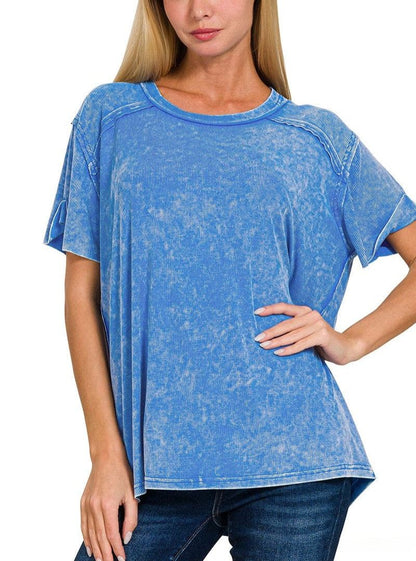 Washed Ribbed Short Sleeve Boat-Neck Top