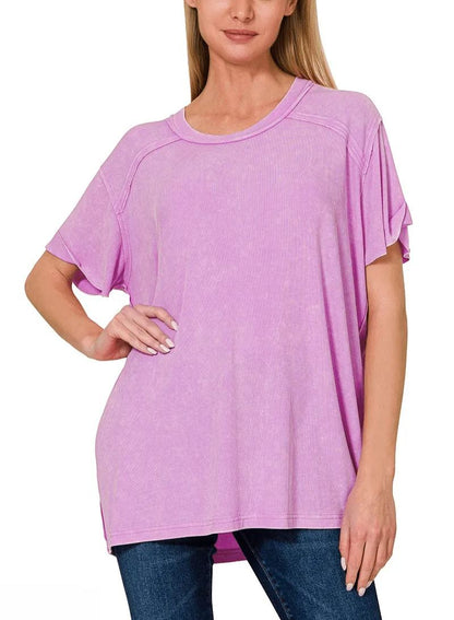Washed Ribbed Short Sleeve Boat-Neck Top