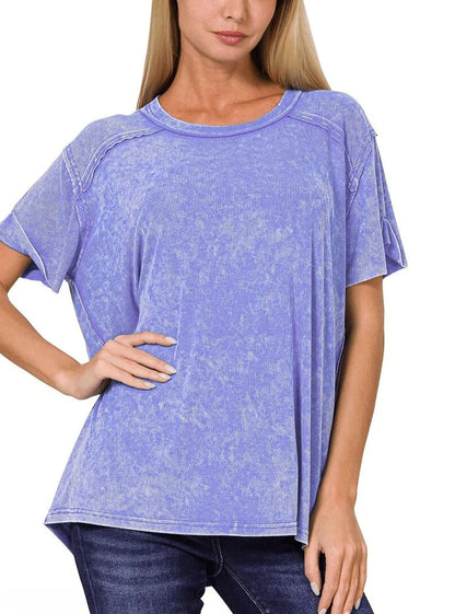 Washed Ribbed Short Sleeve Boat-Neck Top