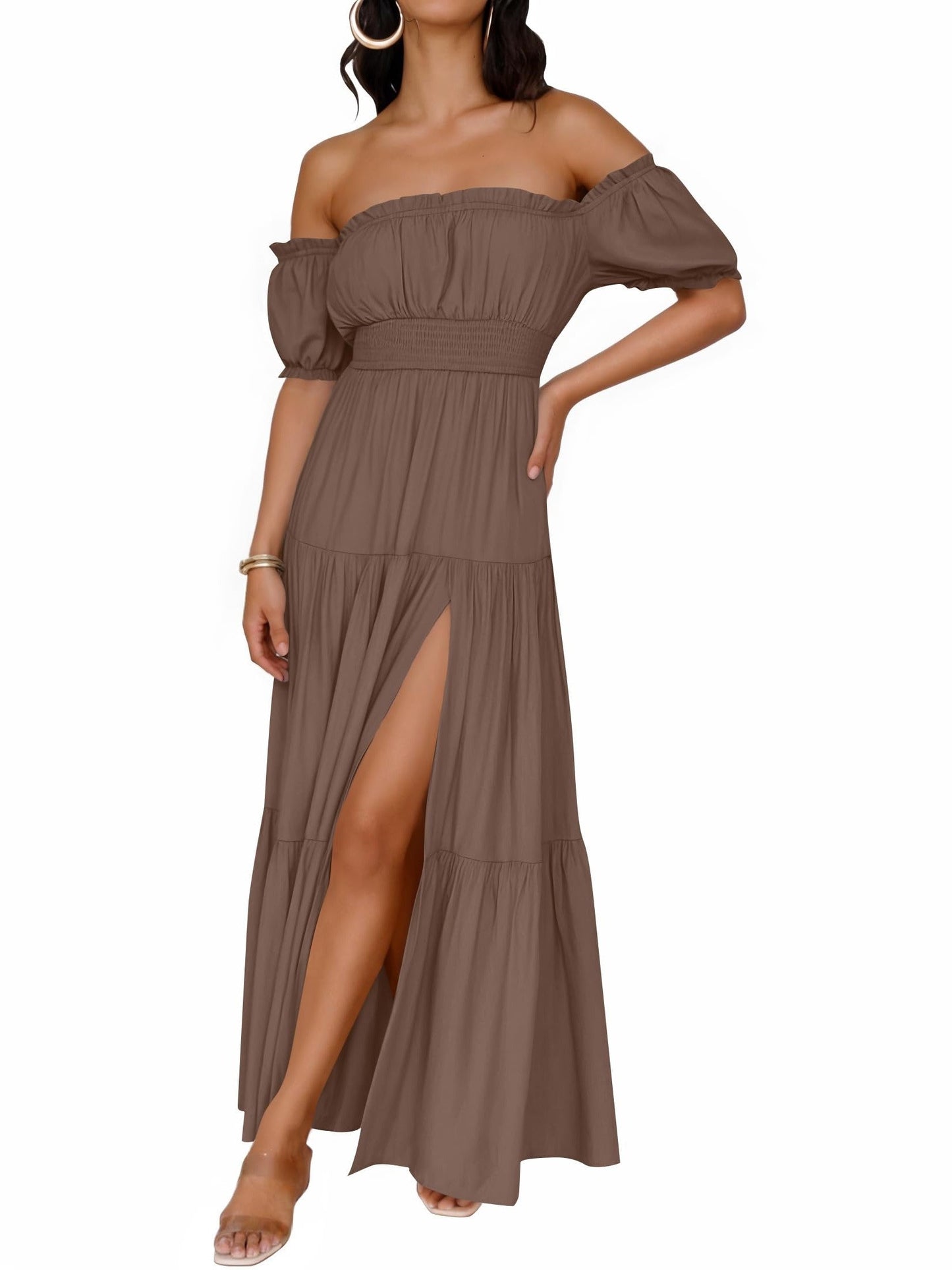 Women's Off Shoulder Side Split Flowy Maxi Dress