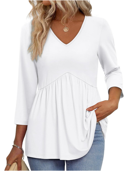 Women's V-Neck 3/4 Sleeve Ruffled hem Top