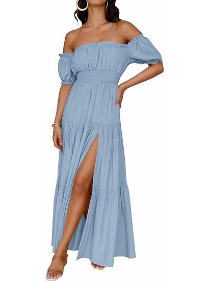Women's Off Shoulder Side Split Flowy Maxi Dress