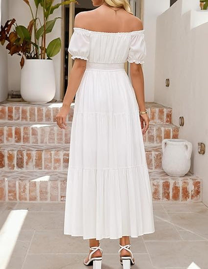 Women's Off Shoulder Side Split Flowy Maxi Dress