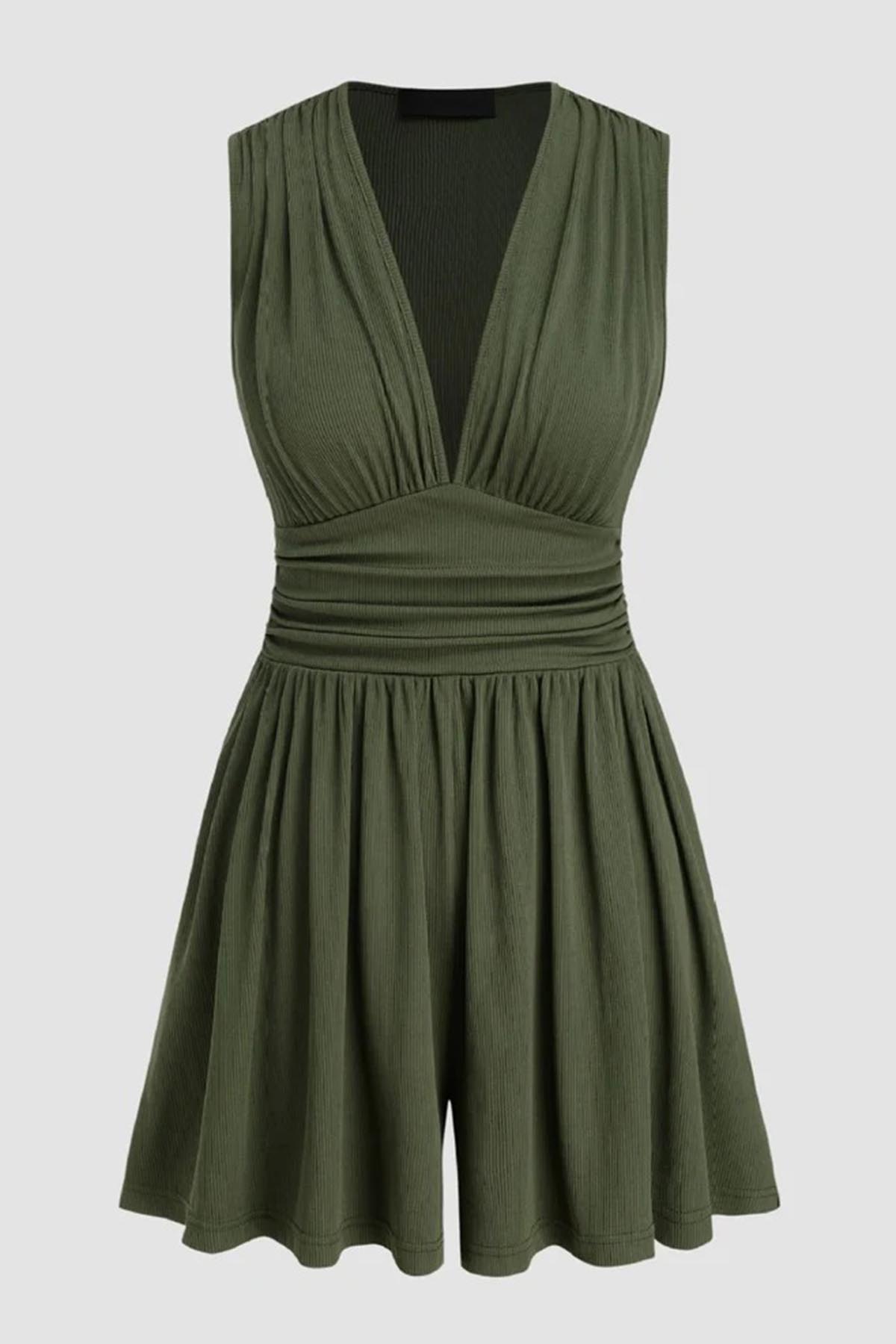 Women's Plain Ruched Deep V Neck Tank Sleeveless Romper