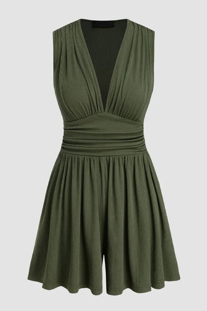 Women's Plain Ruched Deep V Neck Tank Sleeveless Romper