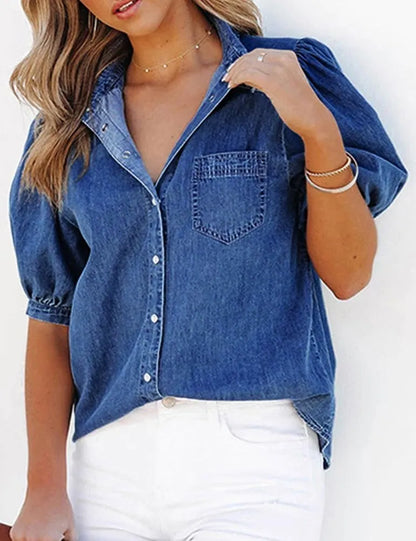 Women's Casual Puff Sleeve Denim Button-Down Shirt Top