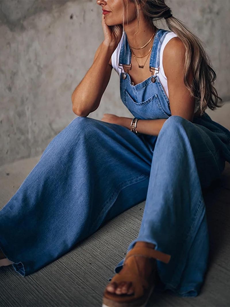 Limited time sale🔥Women's Casual Wide-Leg Denim Jumpsuit with Adjustable Straps