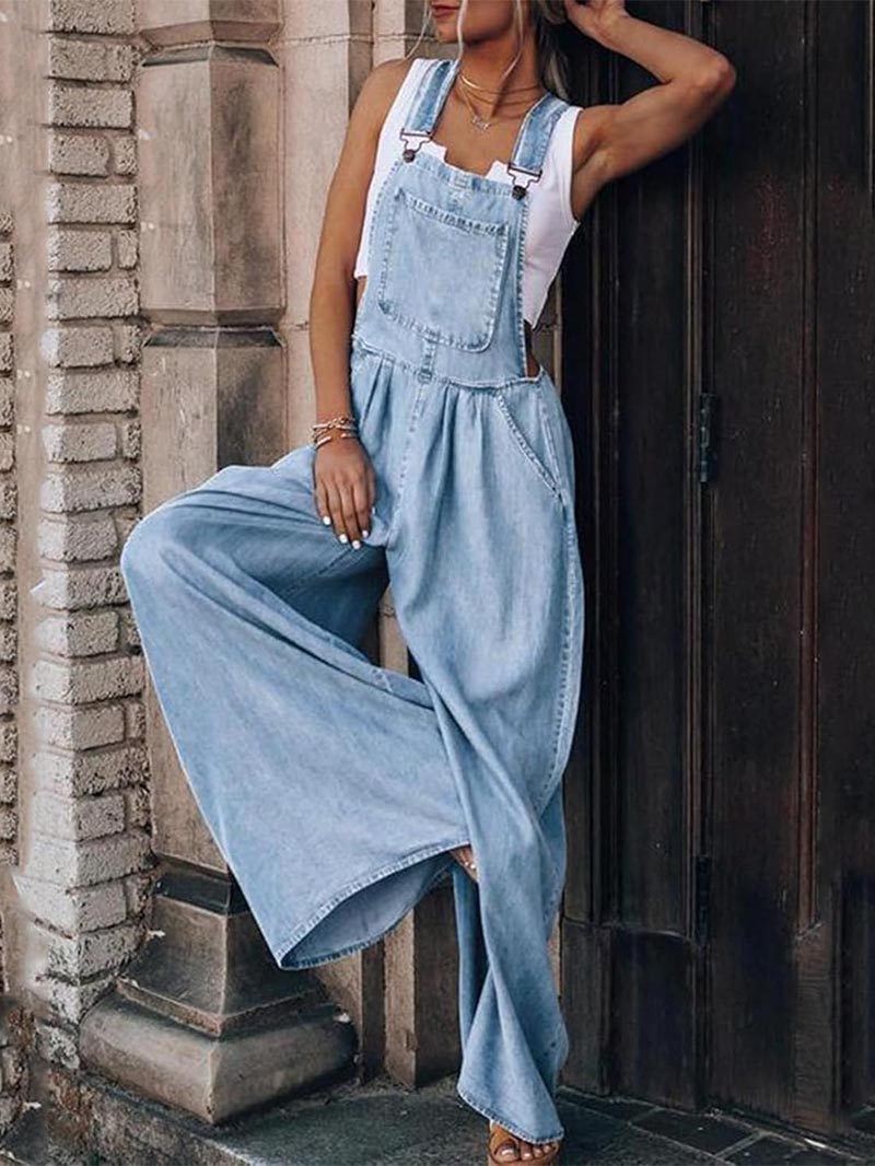 Limited time sale🔥Women's Casual Wide-Leg Denim Jumpsuit with Adjustable Straps