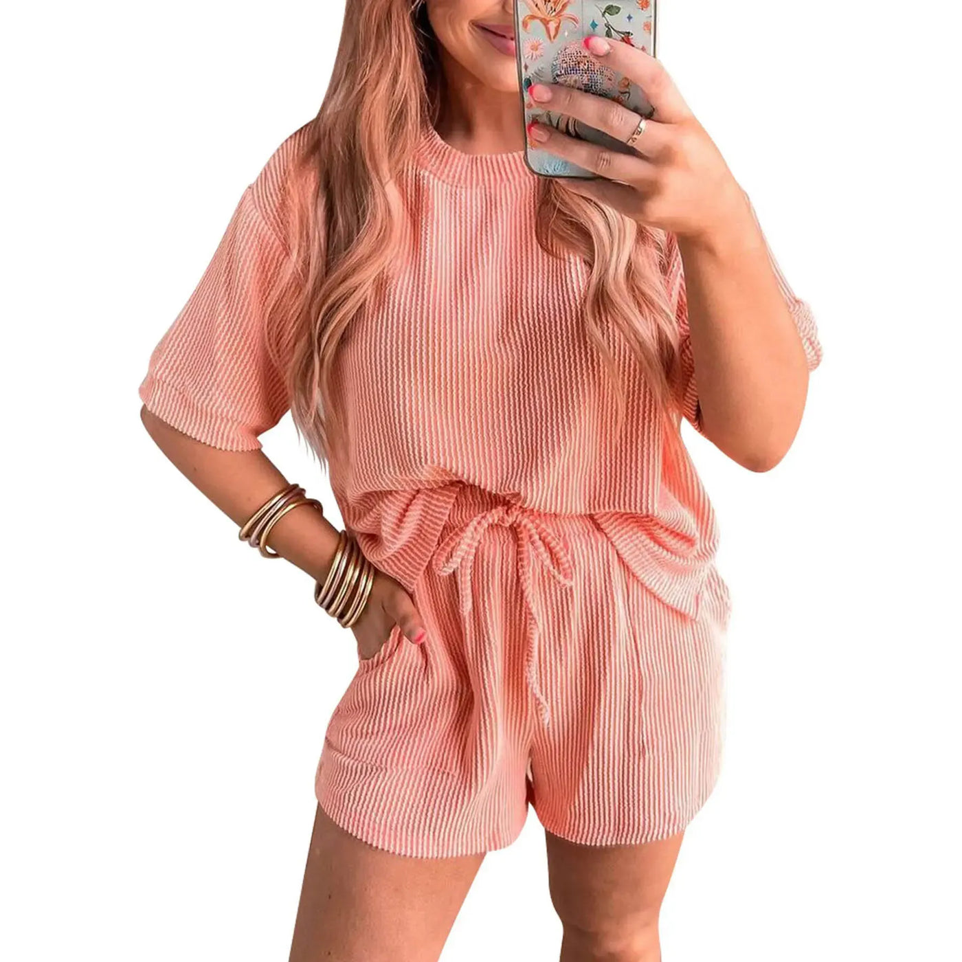 Women's Ribbed Crew Neck Short-Sleeve Top and Shorts Two-Piece Set